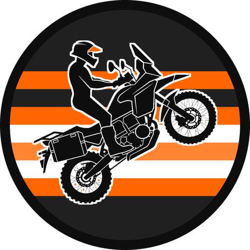 Orange ADV badge: a GS rider pulling a wheelie